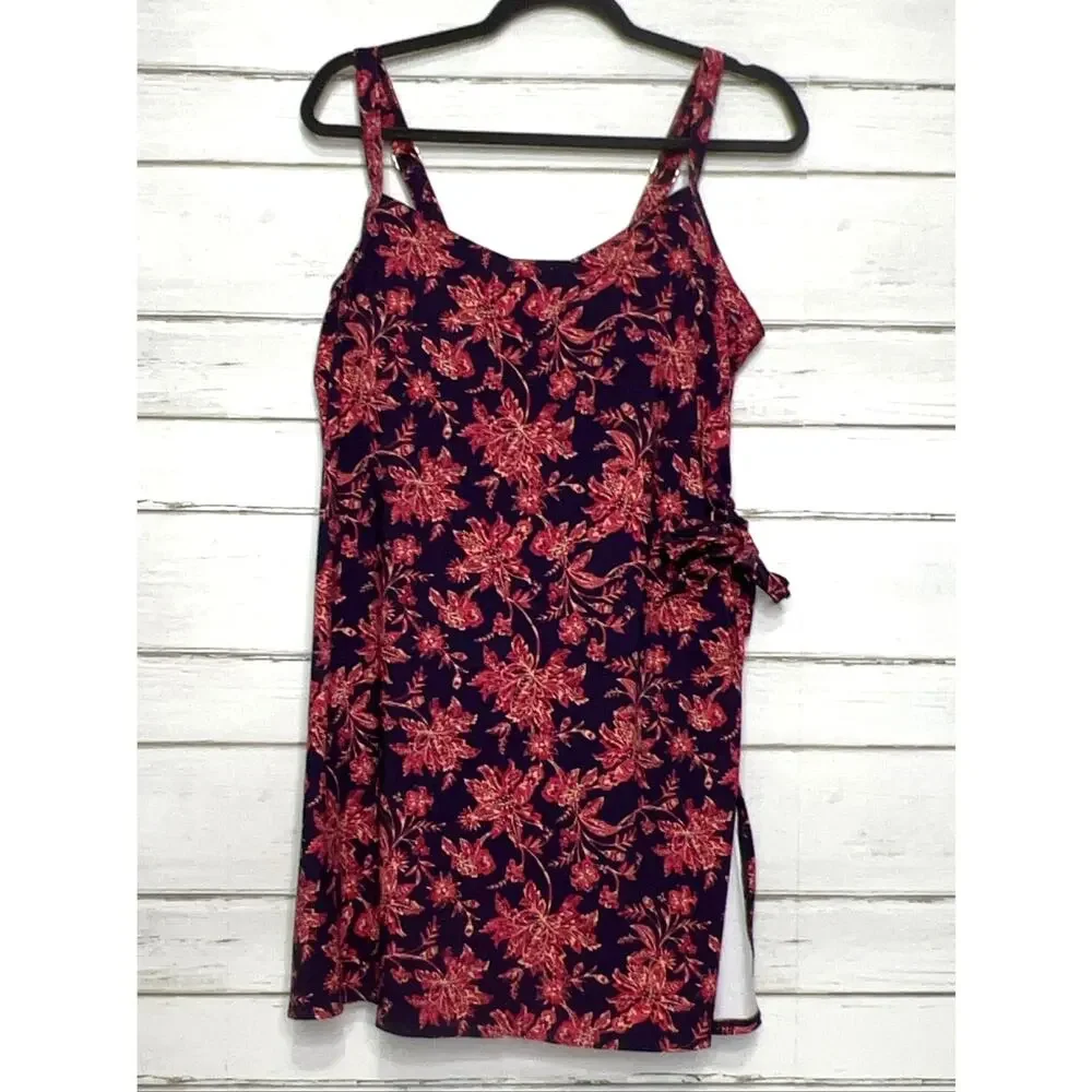 Lands' End Floral Print Swim Dress Women's Plus 18W Built-in Bra Purple Red